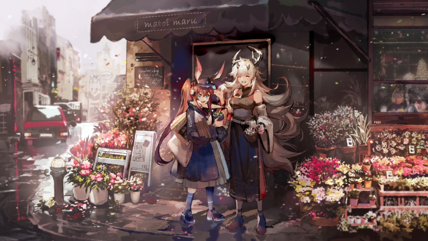 amiya_(arknights), animal_ears, arknights, azalea, building, bunny_ears, bunnygirl, car