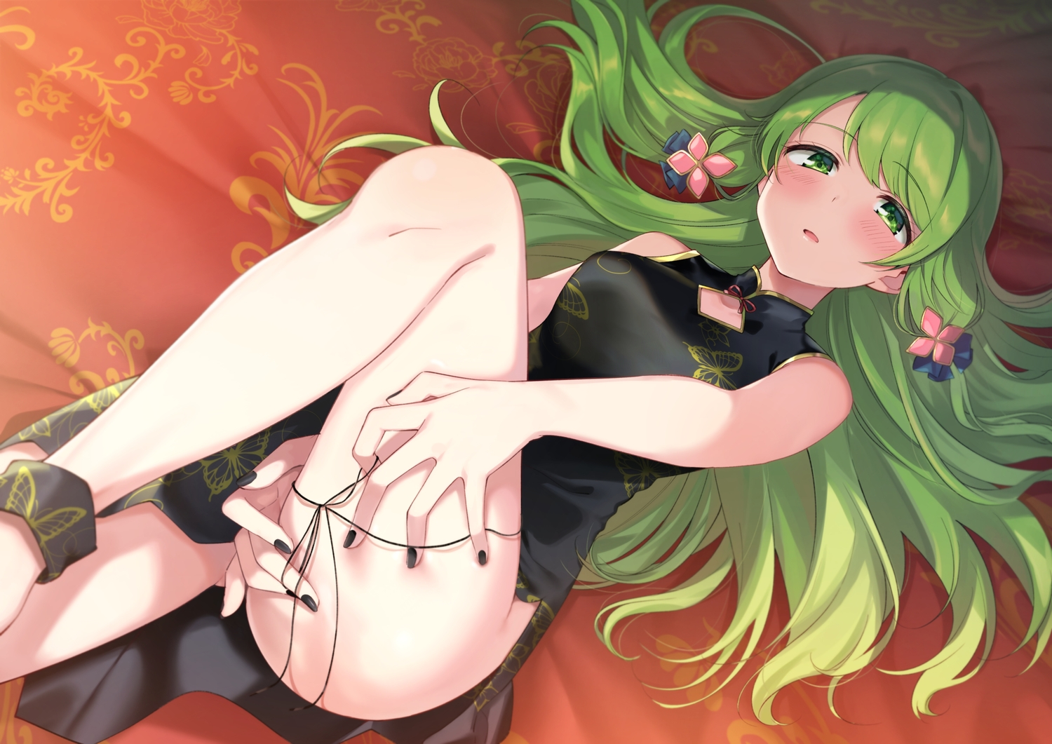 blush, chinese_clothes, chinese_dress, dress, green_eyes, green_hair, long_hair, morinaka_kazaki, nijisanji, yuama_(drop)
