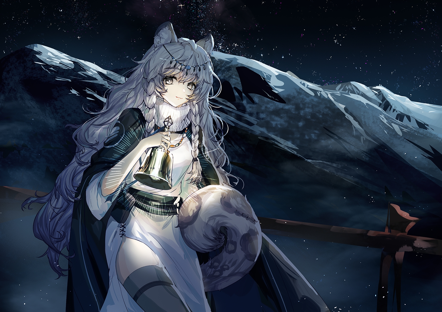 animal_ears, arknights, bell, braids, catgirl, gray_eyes, haitang, long_hair