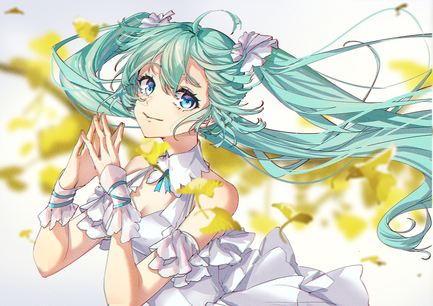 aqua_hair, blue_eyes, dress, haitang, hatsune_miku, leaves, long_hair, twintails