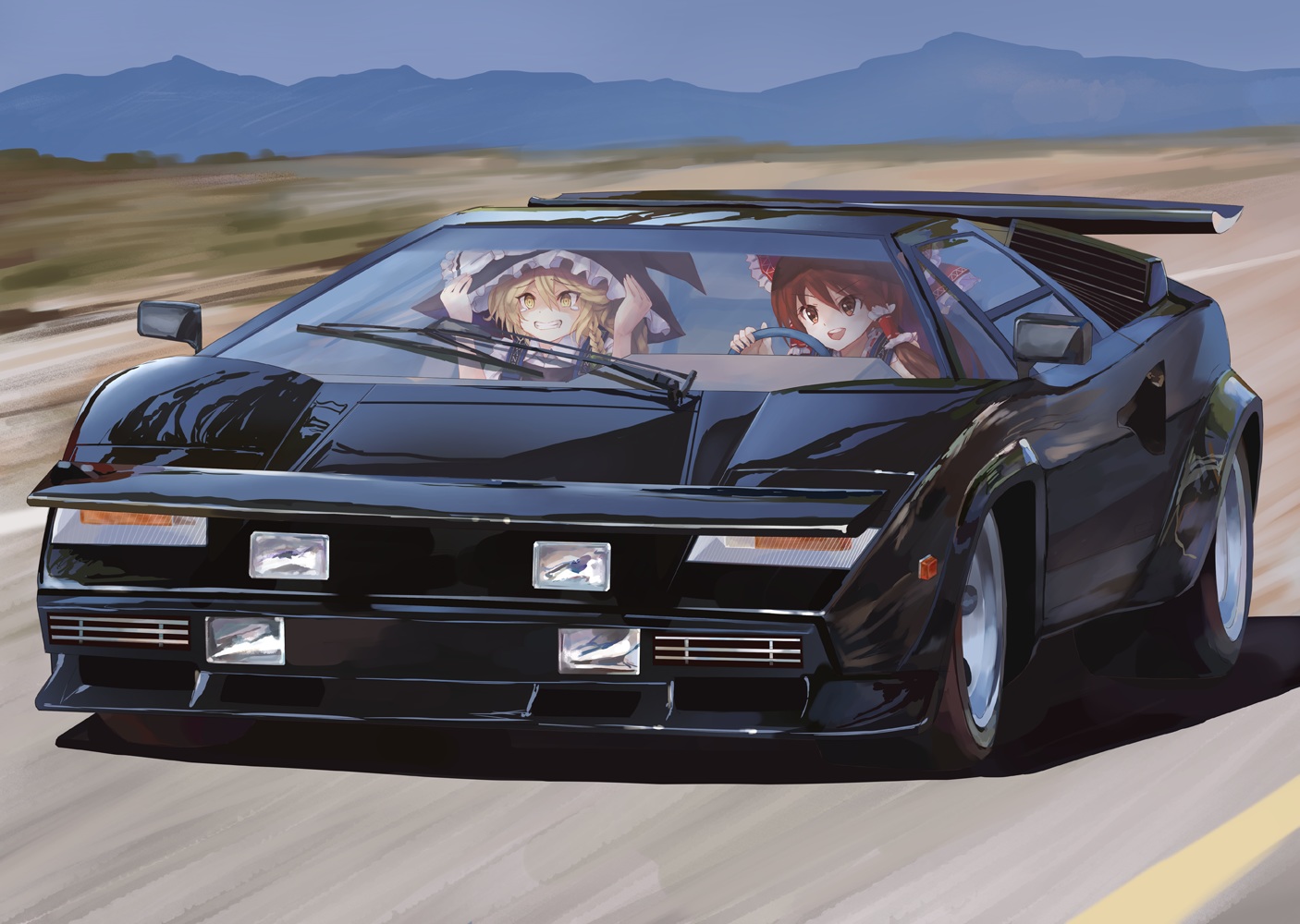 2girls, car, hakurei_reimu, kirisame_marisa, parody, takepon1123, the_cannonball_run, touhou