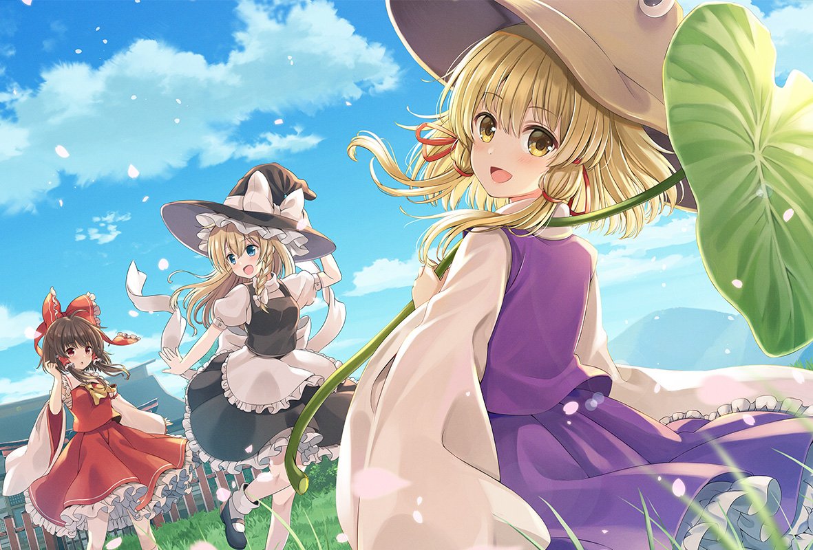 hakurei_reimu, japanese_clothes, jpeg_artifacts, kirisame_marisa, miko, moriya_suwako, touhou, witch