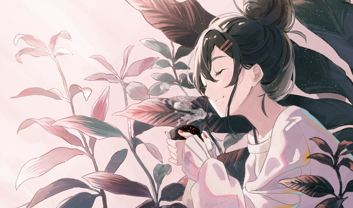 black_hair, drink, flowers, original, shi-ro, short_hair