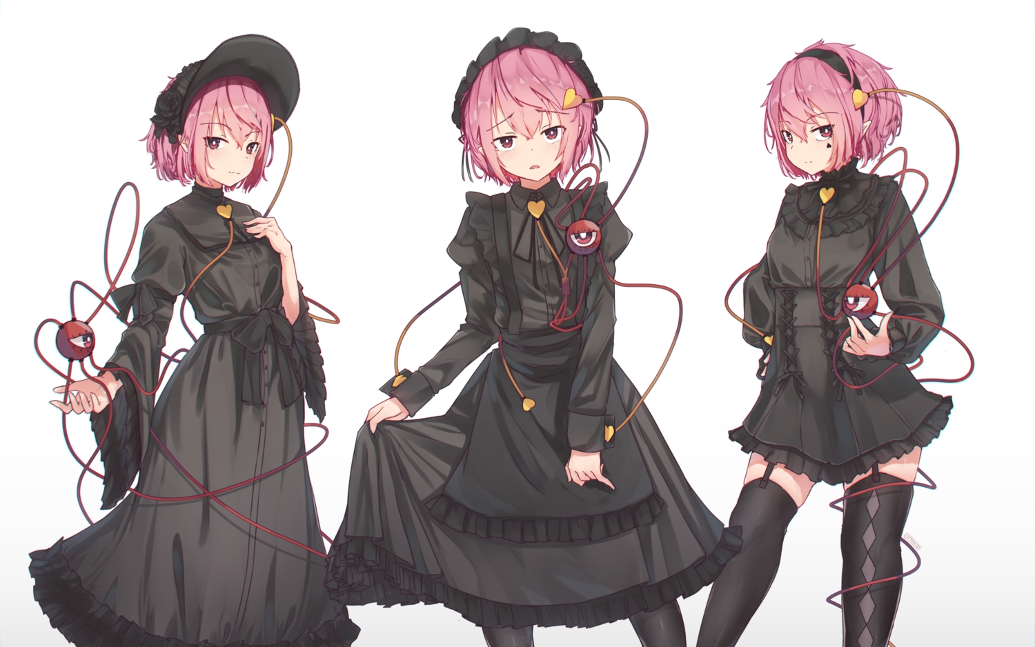 dress, garter_belt, goth-loli, headband, headdress, komeiji_satori, lolita_fashion, pink_eyes, pink_hair, pointed_ears, senzaicha_kasukadoki, short_hair, skirt_lift, stockings, thighhighs, touhou, white