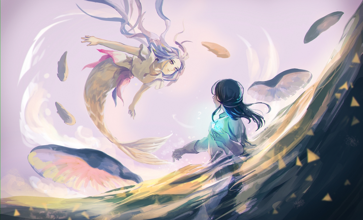 2girls, black_hair, gray_hair, imacomai, long_hair, mermaid, original, pixiv_fantasia, water