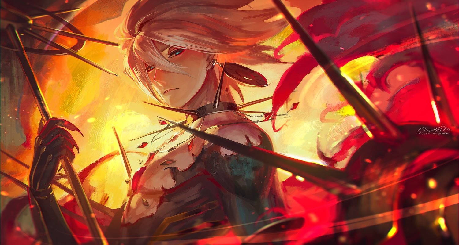 all_male, aqua_eyes, egawa_akira, fate/apocrypha, fate_(series), fire, gray_hair, karna, male, short_hair, signed