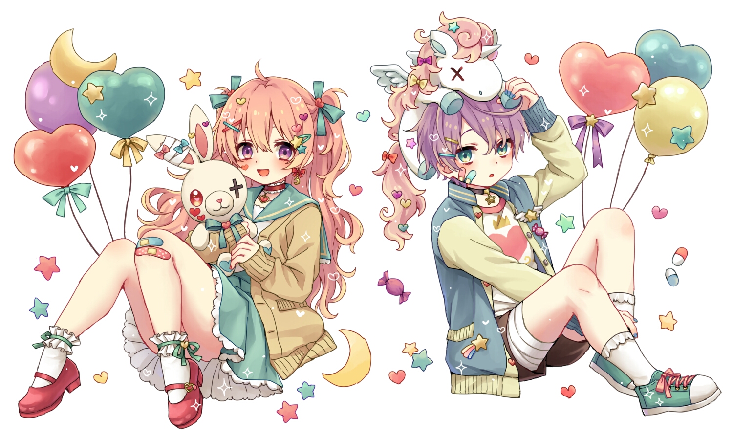 bandage, bandaid, green_eyes, long_hair, male, original, purple_hair, ribbons, rii_(pixiv11152329), school_uniform, short_hair, twintails, white