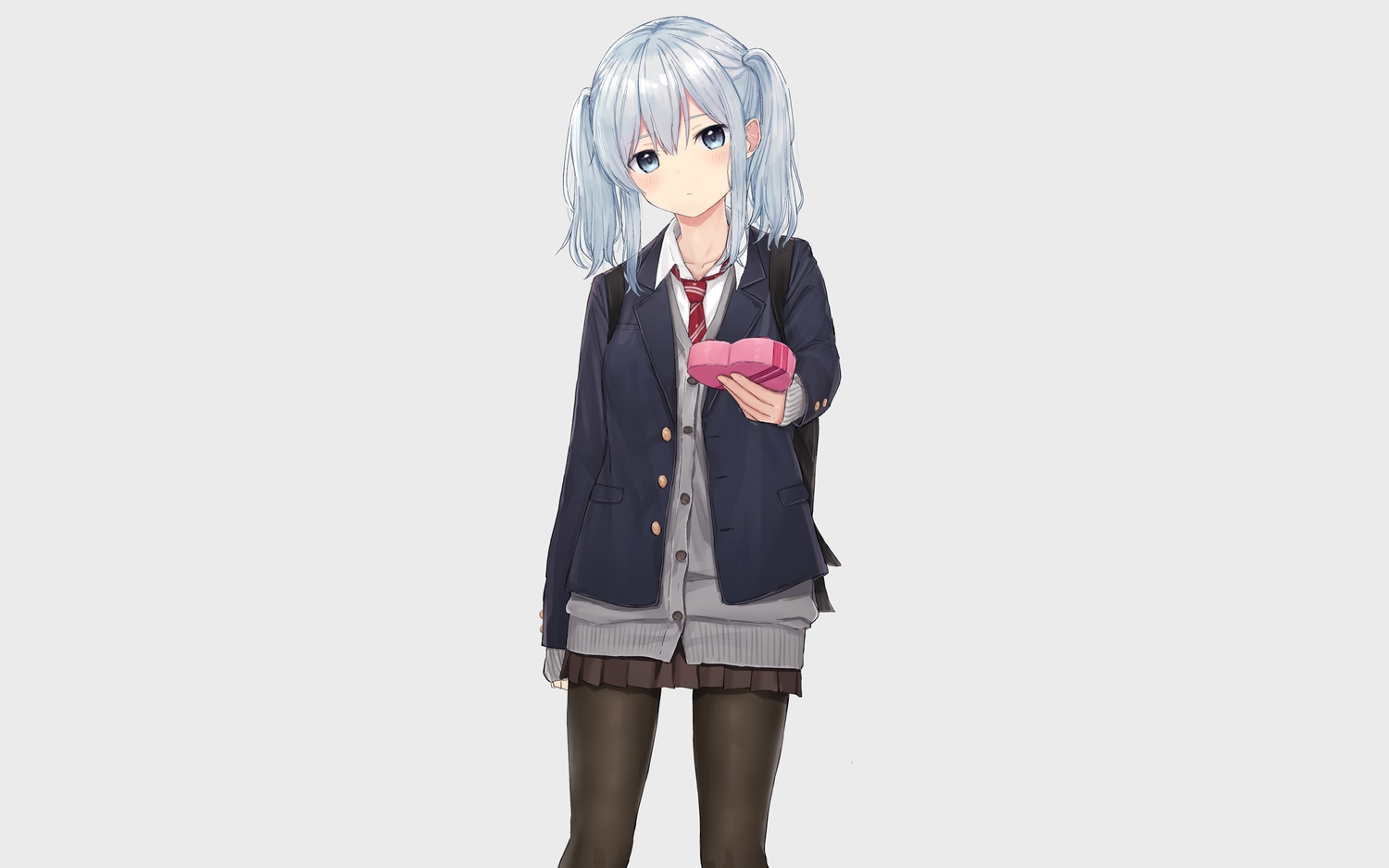 akipeko, blue_eyes, blue_hair, blush, gray, original, pantyhose, school_uniform, skirt, twintails, valentine
