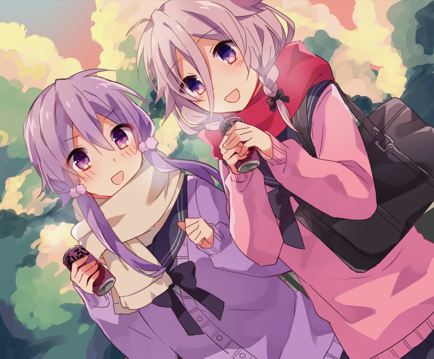 2girls, drink, ia, scarf, school_uniform, vocaloid, voiceroid, yuruno