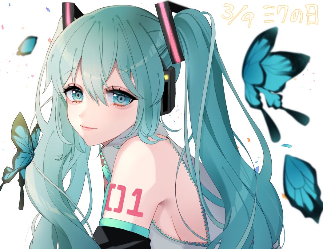 aqua_eyes, aqua_hair, butterfly, hatsune_miku, kozu_(bloomme1_me), long_hair, twintails, vocaloid
