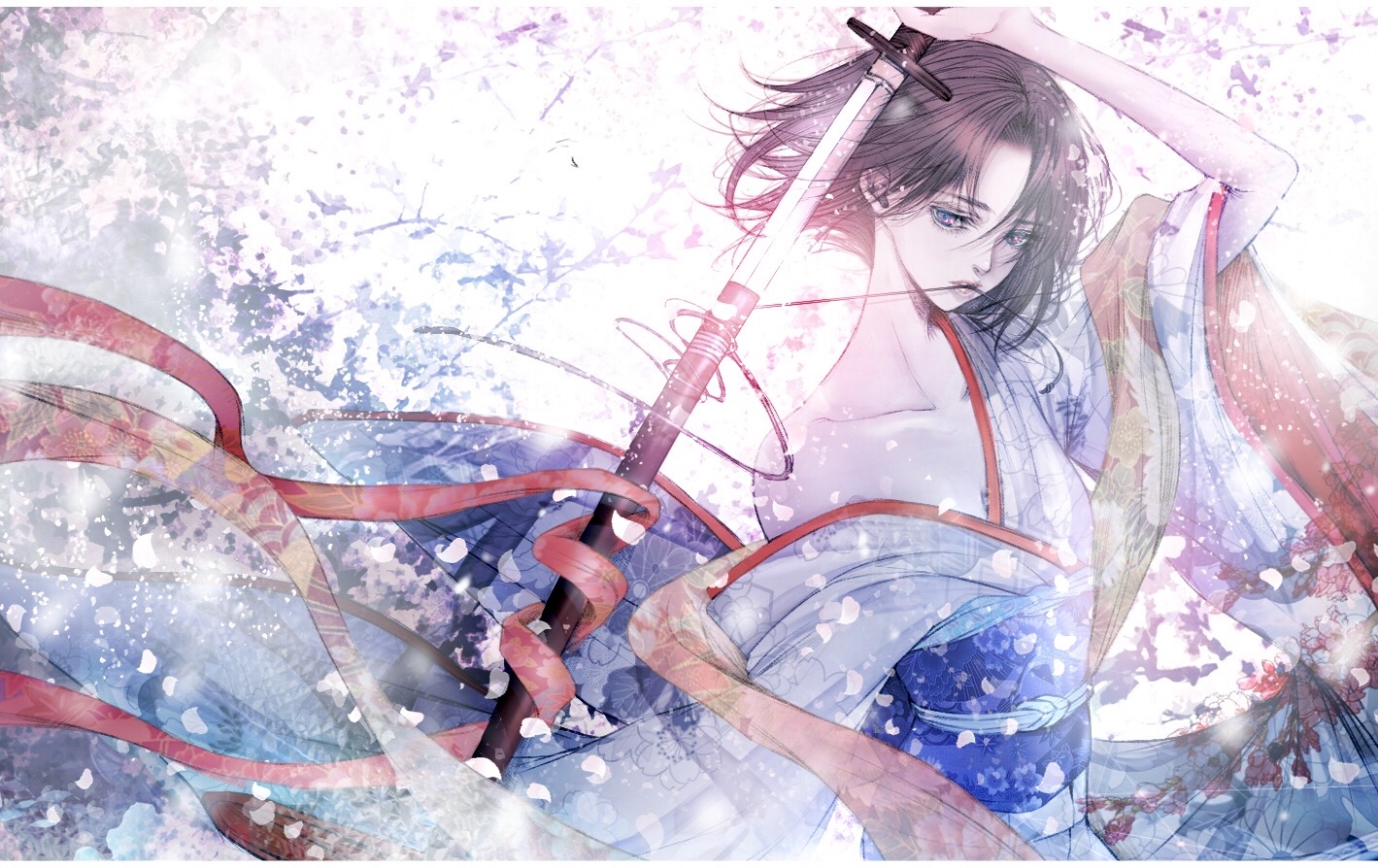 japanese_clothes, kara_no_kyoukai, katana, kimono, ryougi_shiki, satsuki_kei, sketch, sword