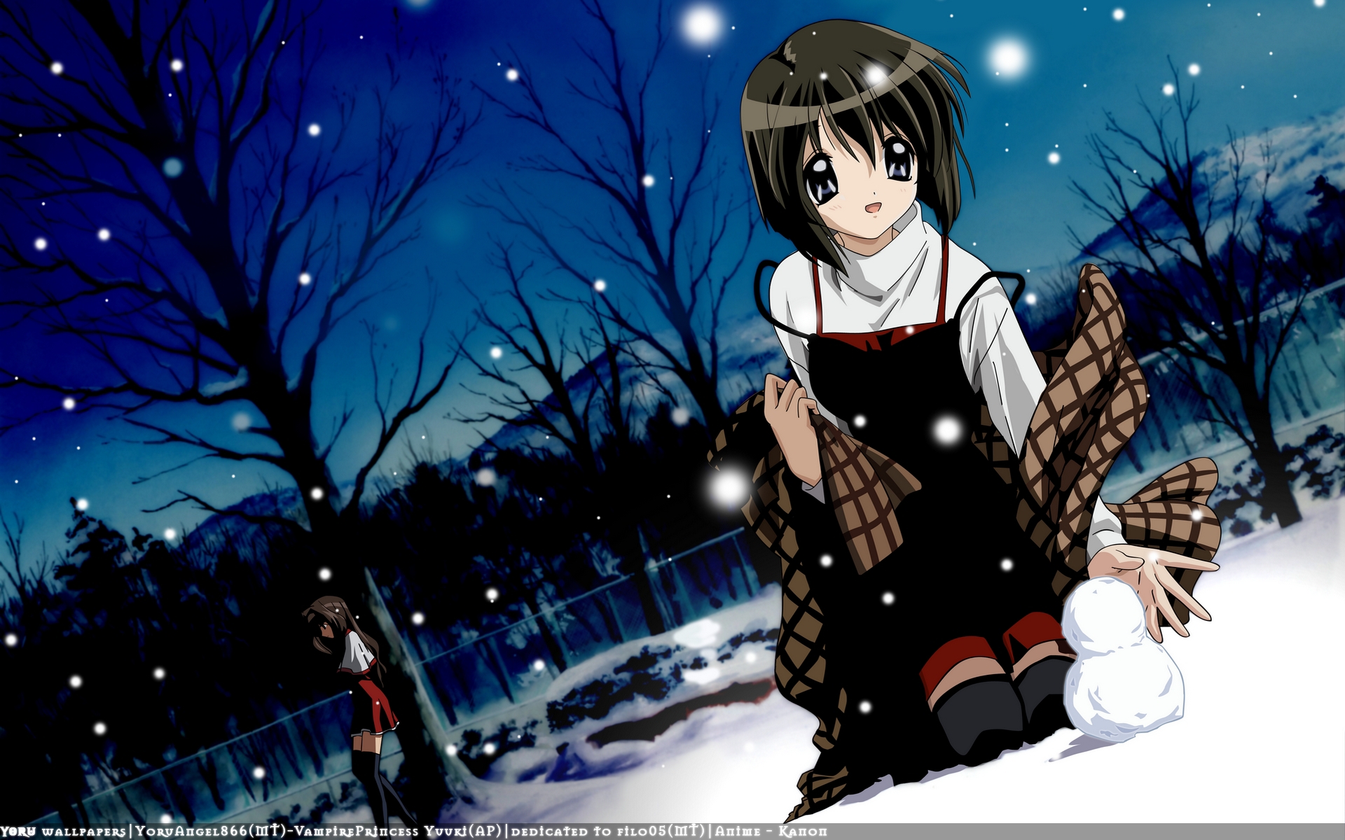 kanon, misaka_kaori, misaka_shiori, school_uniform, snow, snowman, thighhighs, winter