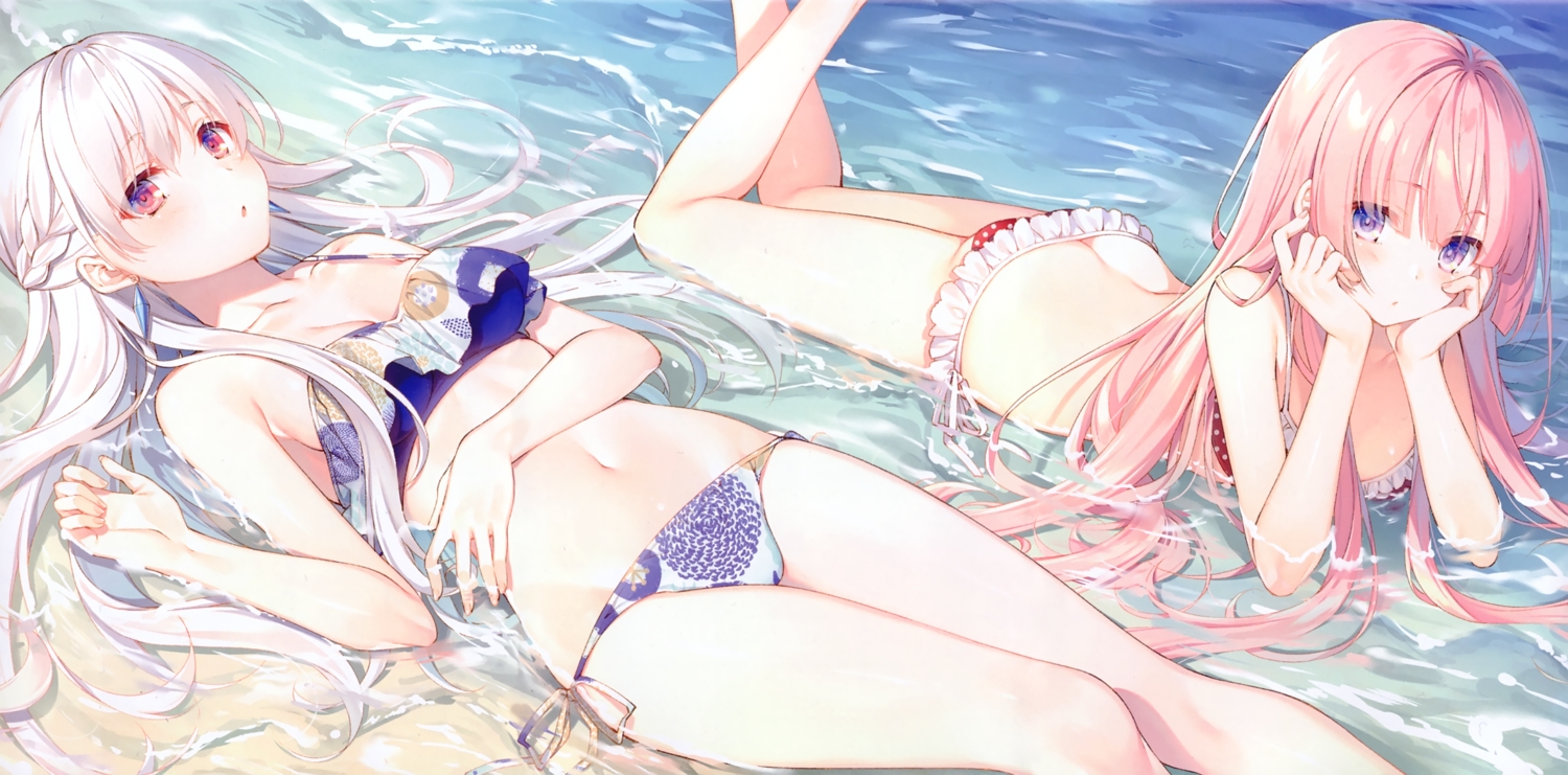 2girls, anthropomorphism, aqua_eyes, ass, berkut_(girly_air_force), bikini, braids, girly_air_force, gripen_(girly_air_force), long_hair, navel, pink_hair, scan, swimsuit, toosaka_asagi, water, white_hair