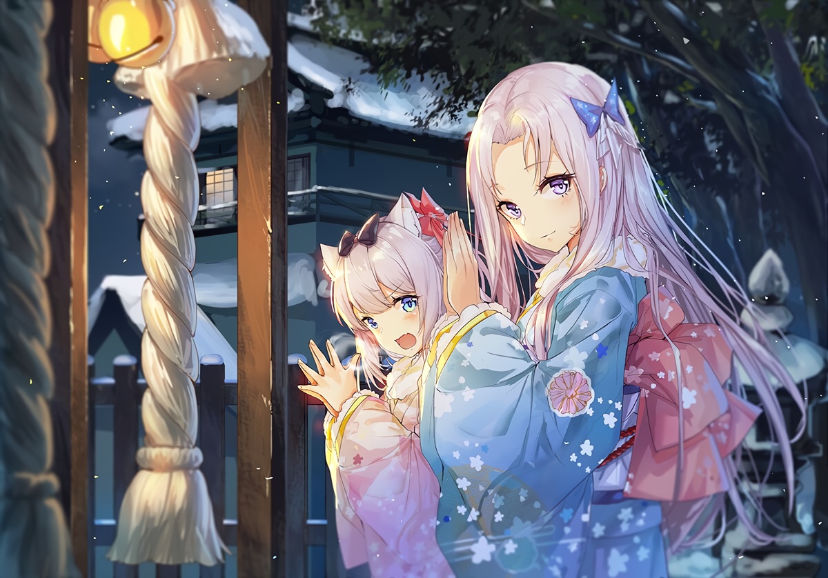 2girls, animal_ears, anthropomorphism, azur_lane, bell, blush, building, catgirl, fang, gray_hair, haitang, hammann_(azur_lane), japanese_clothes, kimono, long_hair, purple_eyes, rope, shrine, snow, tree, winter, yorktown_(azur_lane)