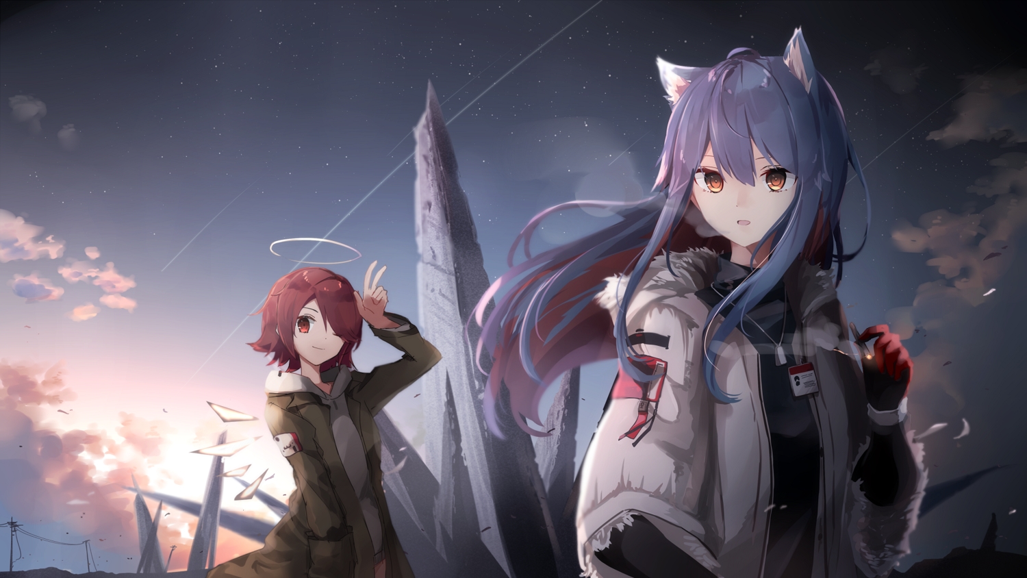 2girls, aa_(sin2324), animal_ears, arknights, exusiai_(arknights), halo, smoking, texas_(arknights)