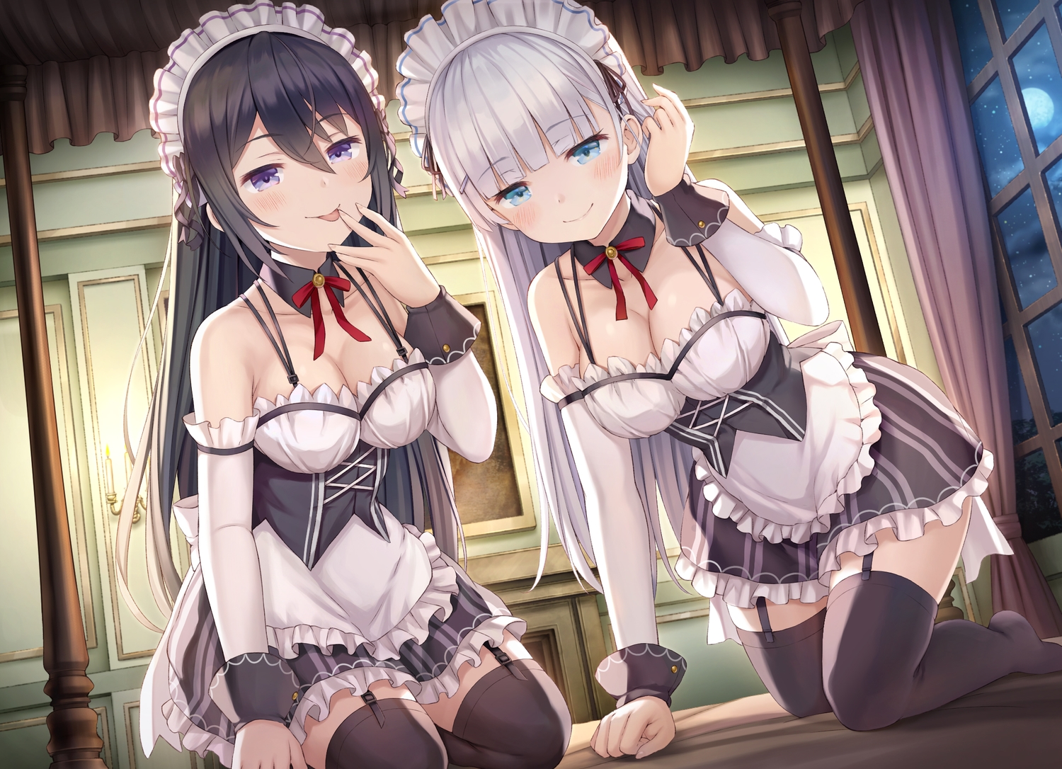 2girls, apron, black_hair, blue_eyes, blush, breasts, cleavage, garter_belt, gray_hair, headdress, long_hair, maid, moon, namaru_(summer_dandy), night, original, stars, stockings, thighhighs