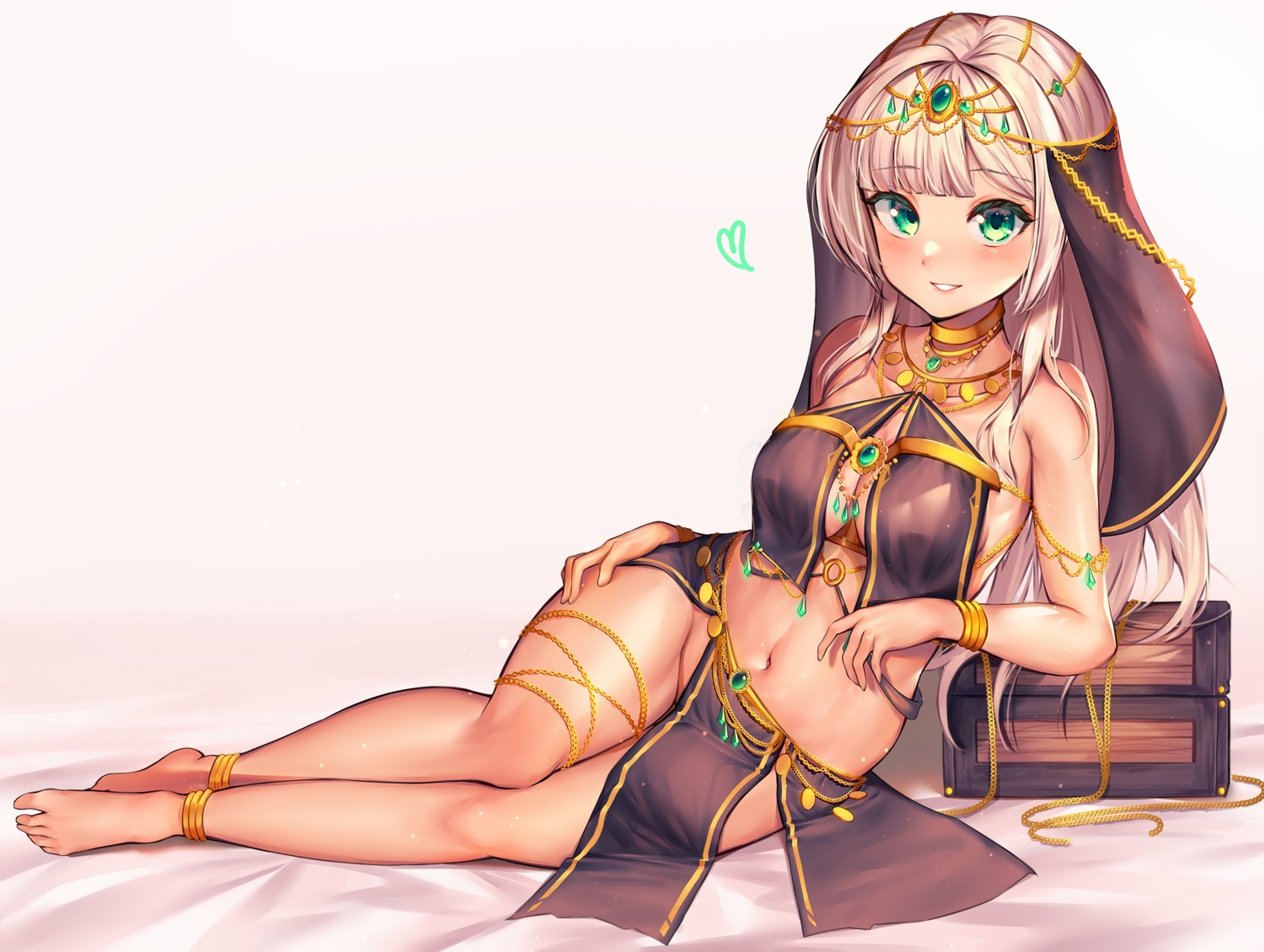 barefoot, blonde_hair, blush, dark_skin, green_eyes, hakushoku_n, headdress, nopan, original