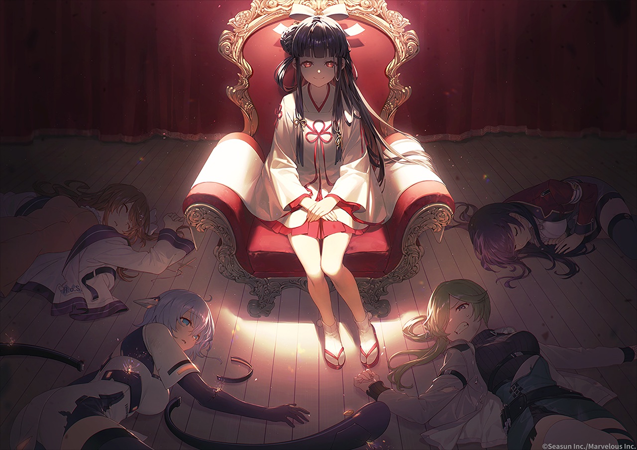 aqua_eyes, black_hair, enmr39_(anonyma), girl_cafe_gun_(game), gray_hair, green_hair, group, japanese_clothes, kikuri_yuki, long_hair, miko, red_eyes, short_hair, tagme_(character), waifu2x