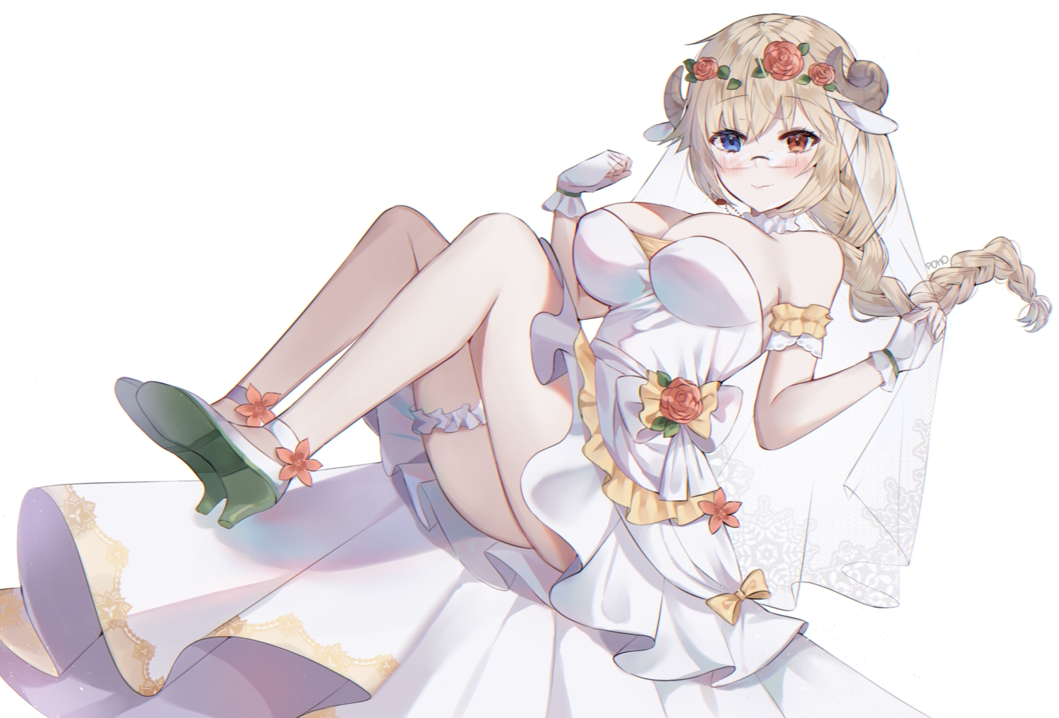 animal_ears, arpiel, bicolored_eyes, breasts, cleavage, dress, garter, glasses