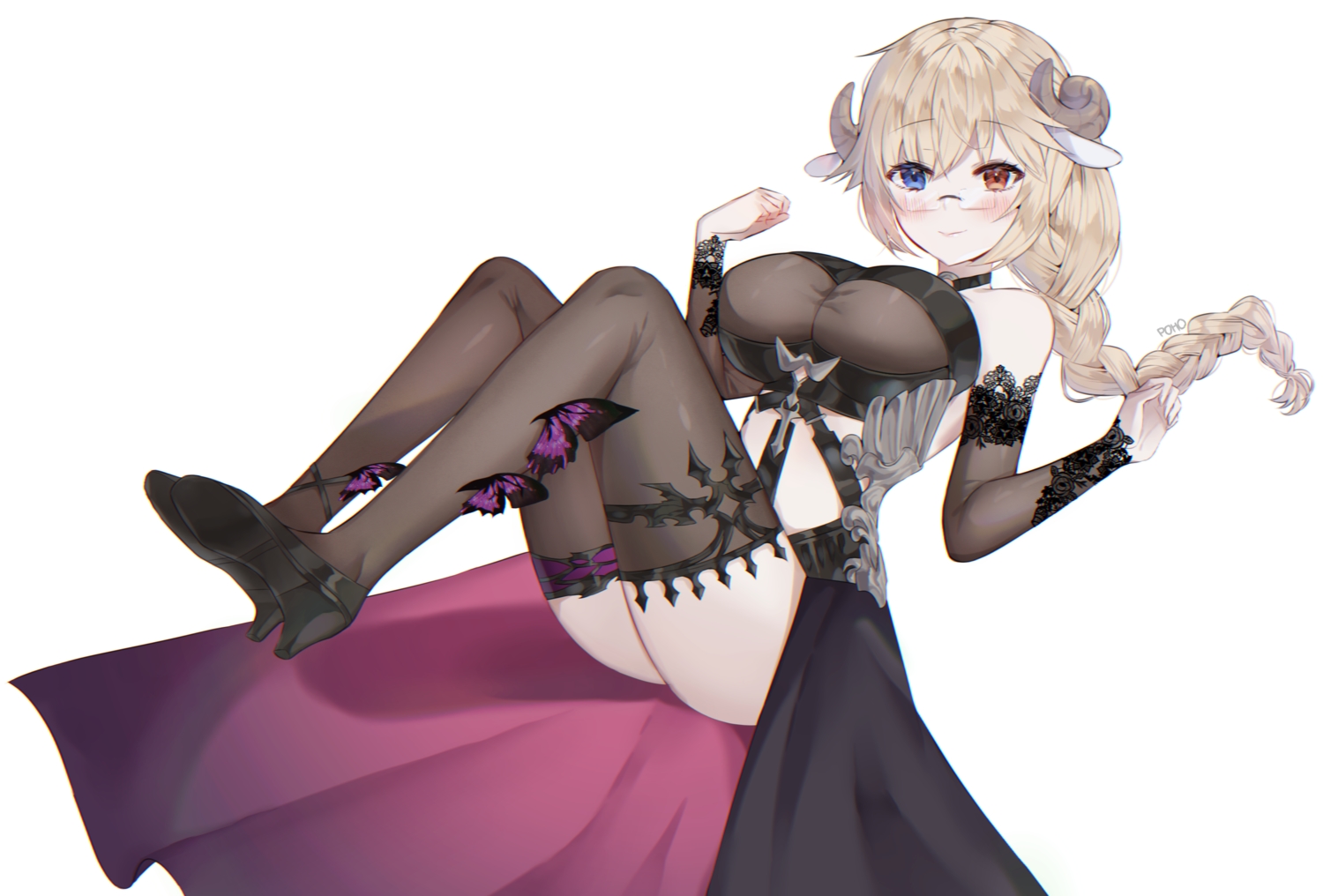 animal_ears, arpiel, bicolored_eyes, breasts, cleavage, glasses, gothic, horns, long_hair, poho, see_through, signed, thighhighs