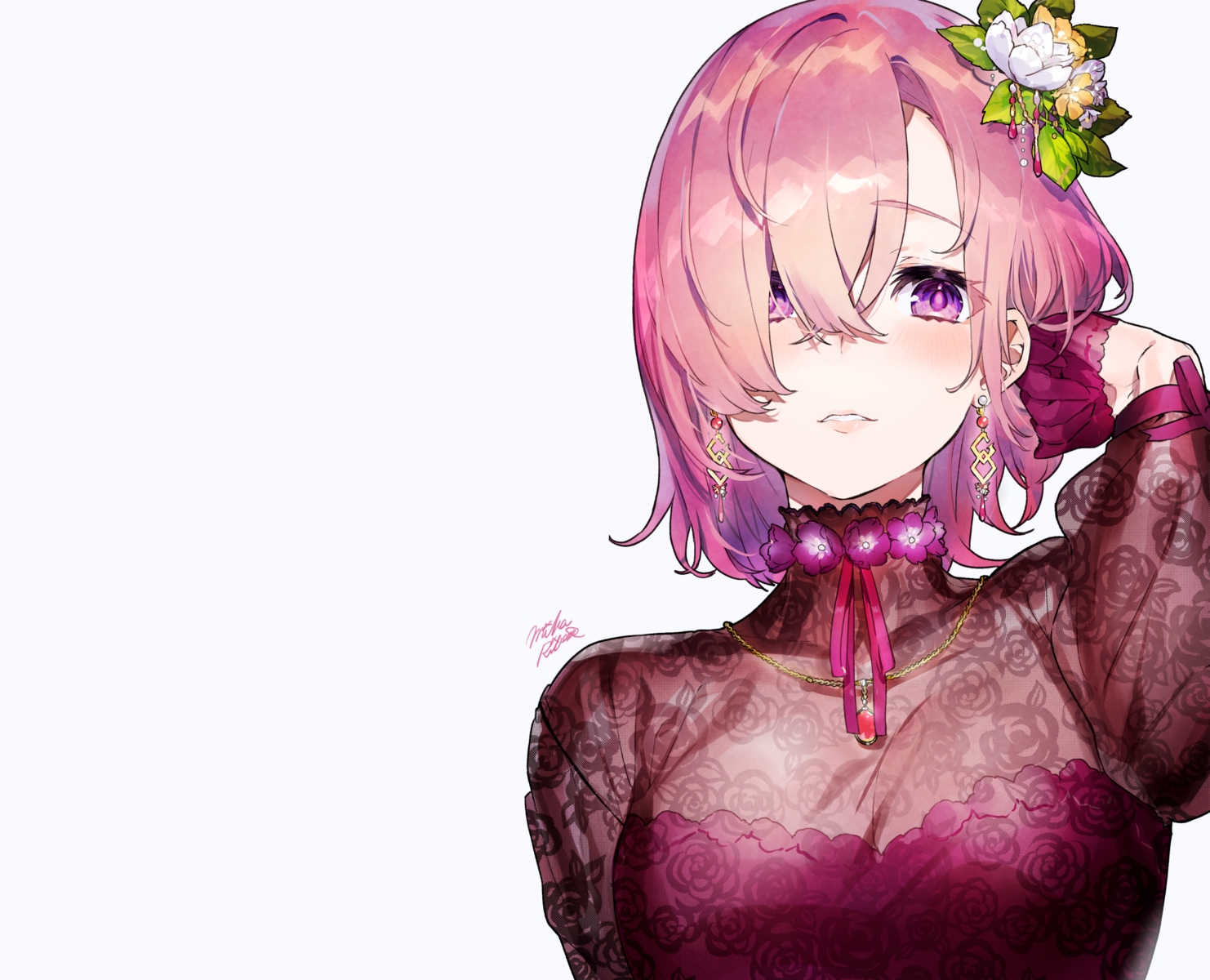 blush, breasts, cleavage, close, fate/grand_order, fate_(series), gloves, mash_kyrielight