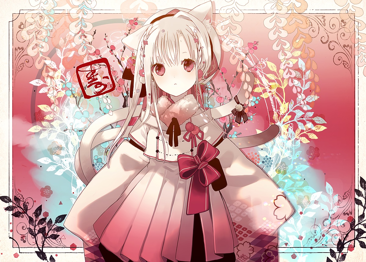 aliasing, animal_ears, anthropomorphism, bell, blush, bow, braids, catgirl