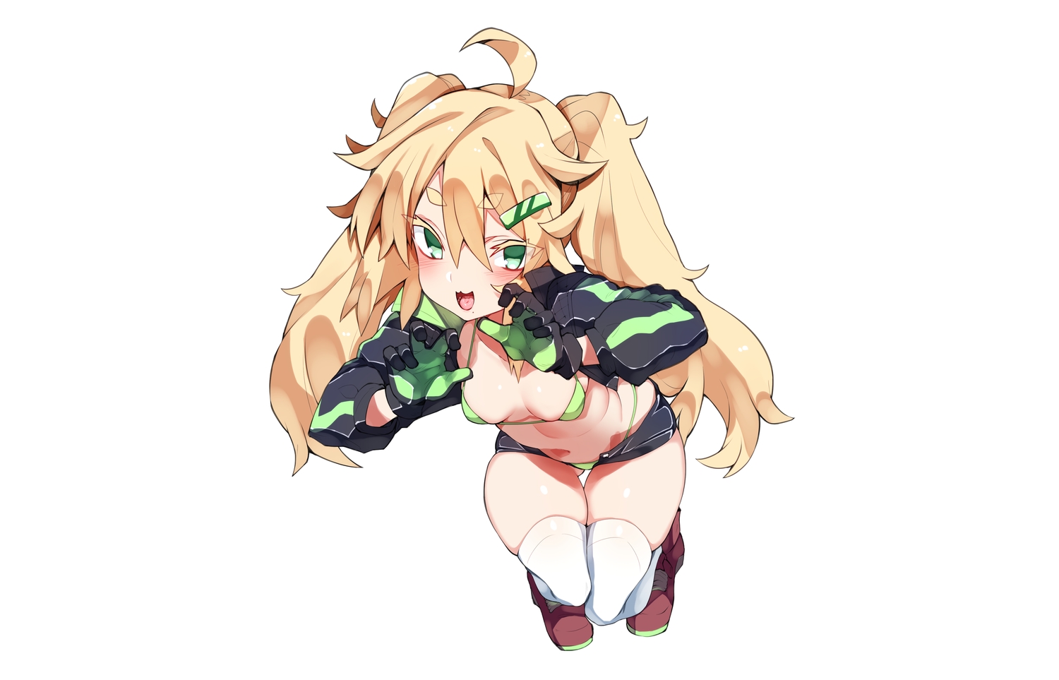 bikini, blonde_hair, blush, gloves, green_eyes, kz_oji, long_hair, navel