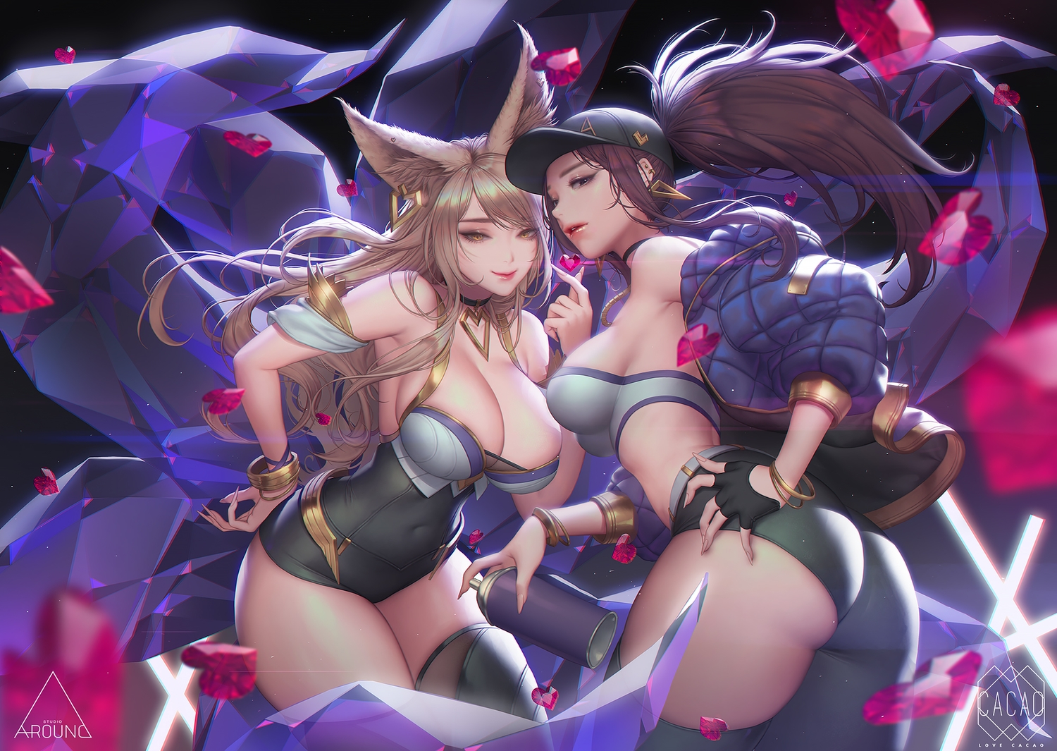 2girls, ahri_(league_of_legends), akali, animal_ears, ass, blonde_hair, breasts, brown_eyes, brown_hair, choker, cleavage, foxgirl, hat, league_of_legends, long_hair, love_cacao, multiple_tails, orange_eyes, ponytail, tail, thighhighs, watermark, wristwear