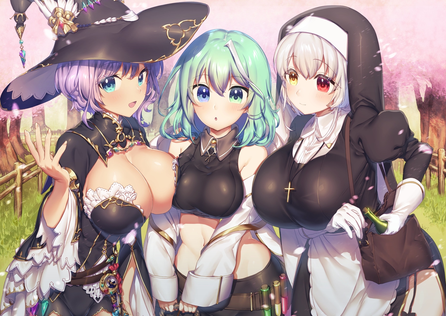 apron, aqua_eyes, bicolored_eyes, blush, breasts, cherry_blossoms, cleavage, cross, flowers, gloves, grass, green_hair, hat, headdress, kirisaki_(miku-azu-2525), navel, necklace, nun, purple_hair, short_hair, signed, tree, witch, witch_hat