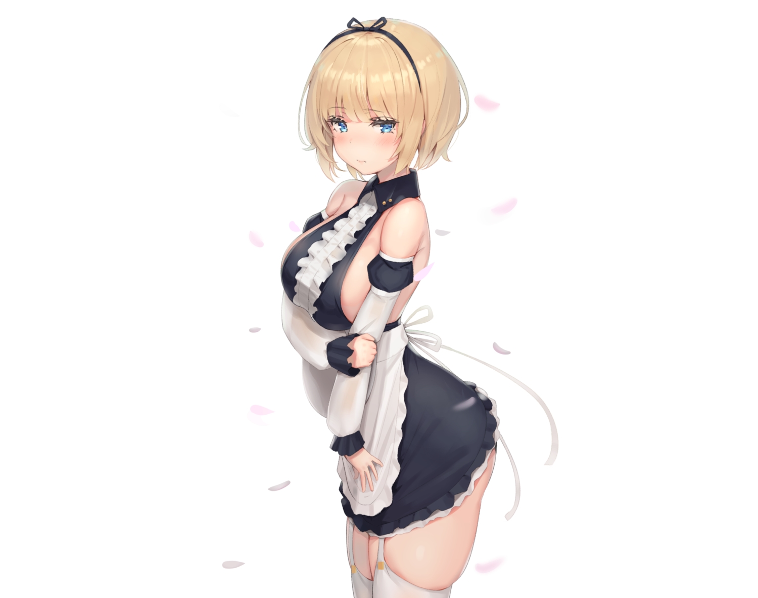 apron, blonde_hair, blue_eyes, blush, breast_hold, breasts, garter_belt, headband