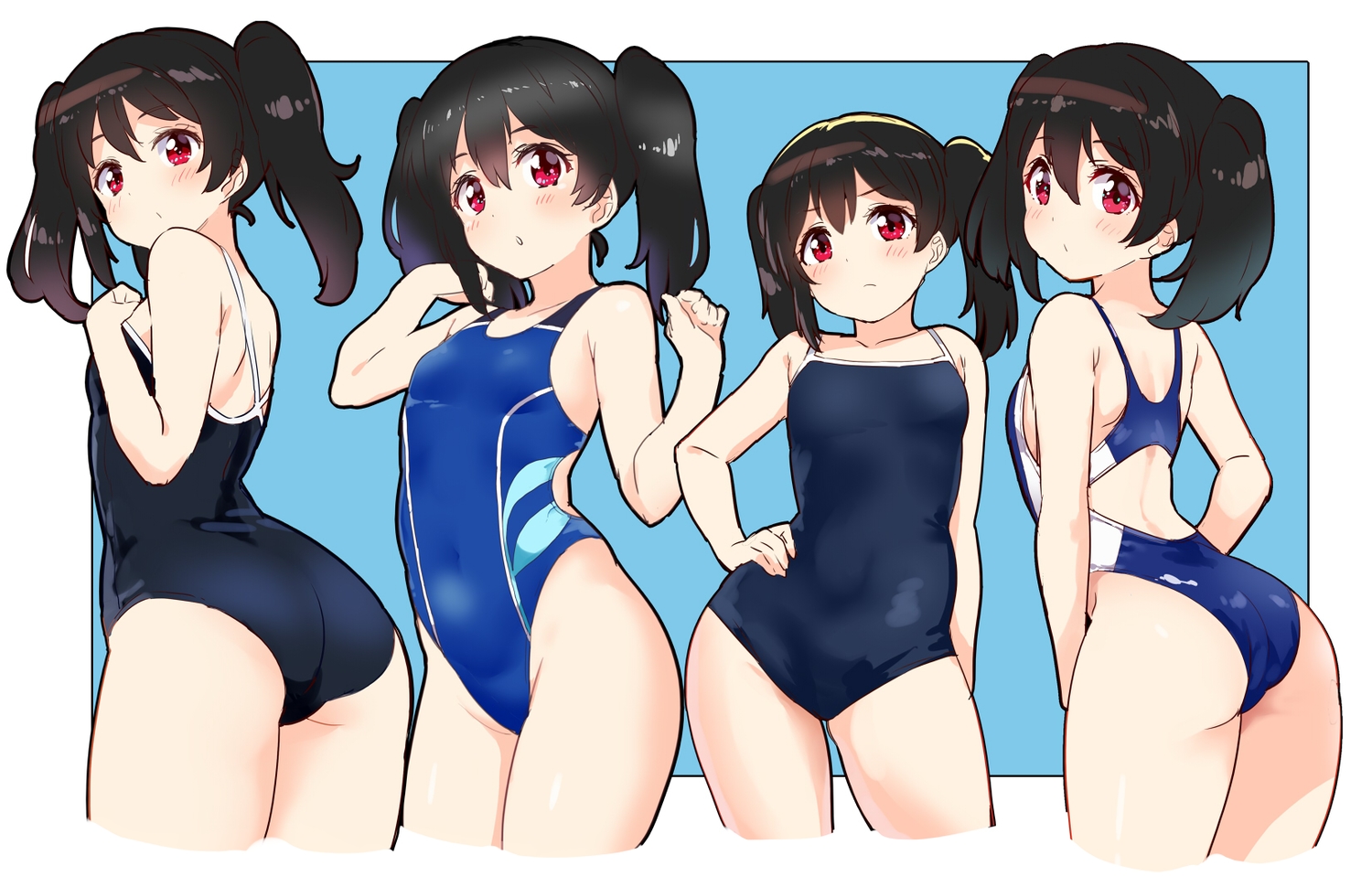 ass, black_hair, blush, flat_chest, kurokawa_makoto, love_live!_school_idol_project, red_eyes, school_swimsuit, swimsuit, twintails, yazawa_nico