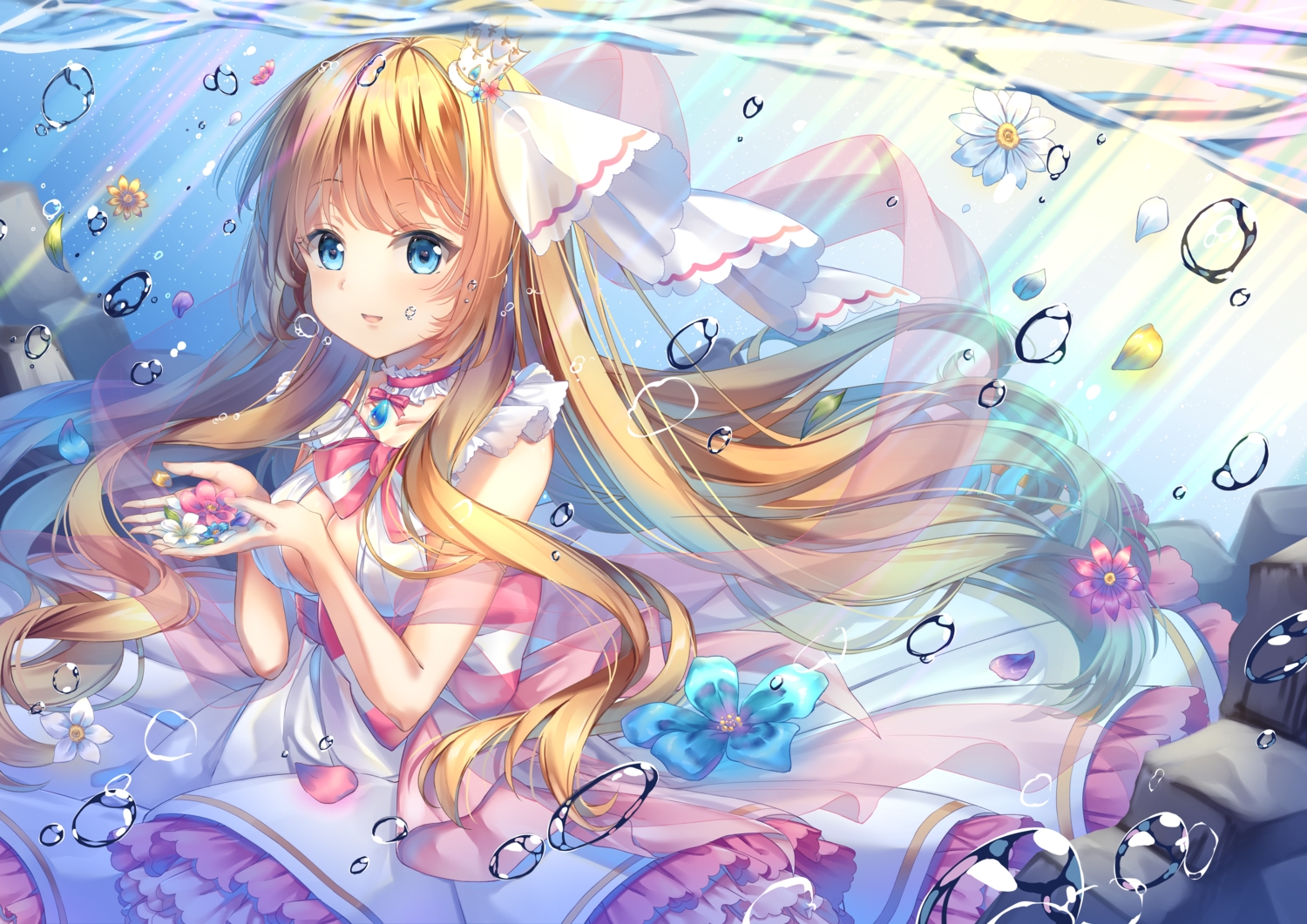 blonde_hair, blue_eyes, breasts, cleavage, dress, long_hair, original, torokeru_none