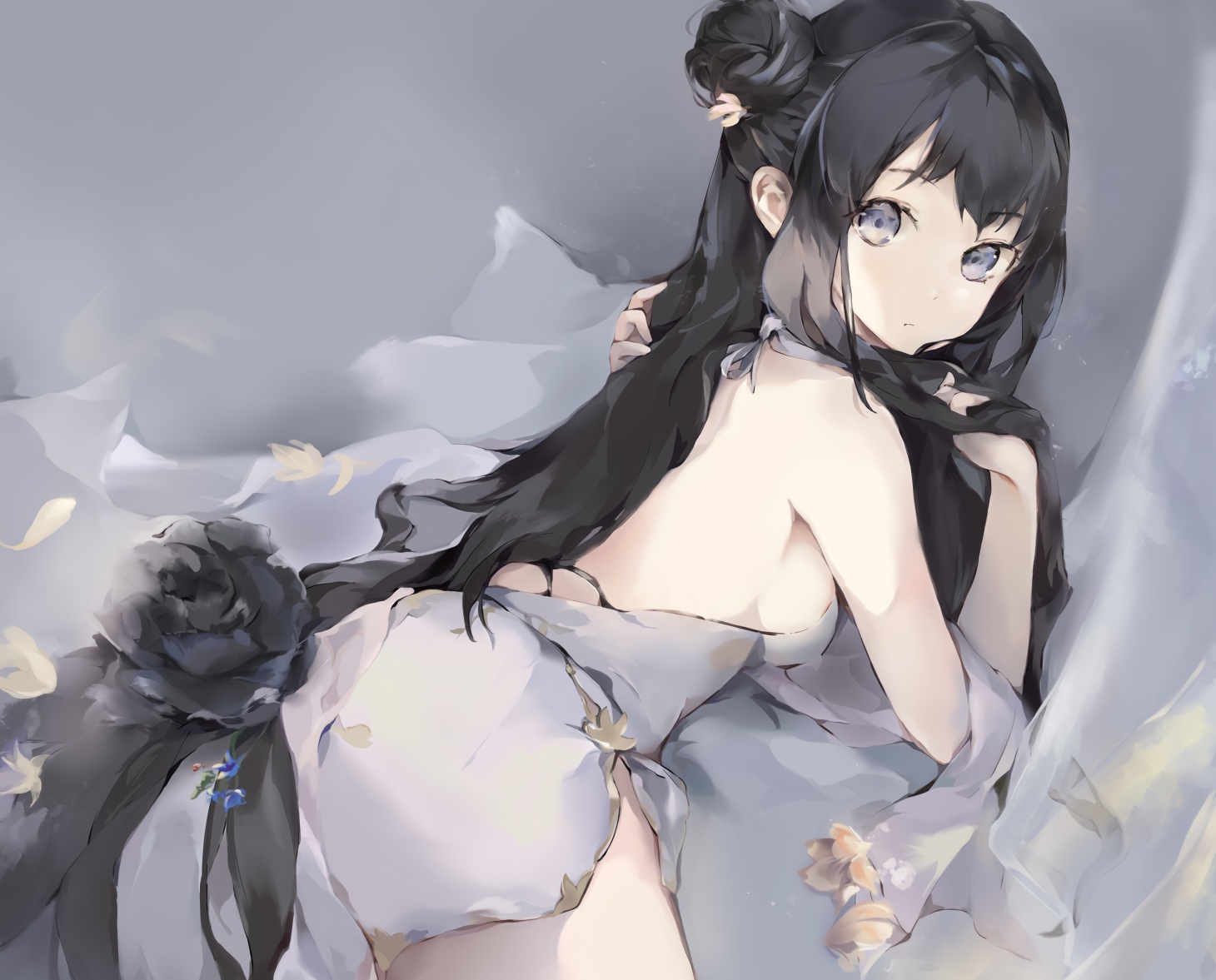 ass, black_hair, cropped, dress, flowers, hanagin, long_hair, original, polychromatic