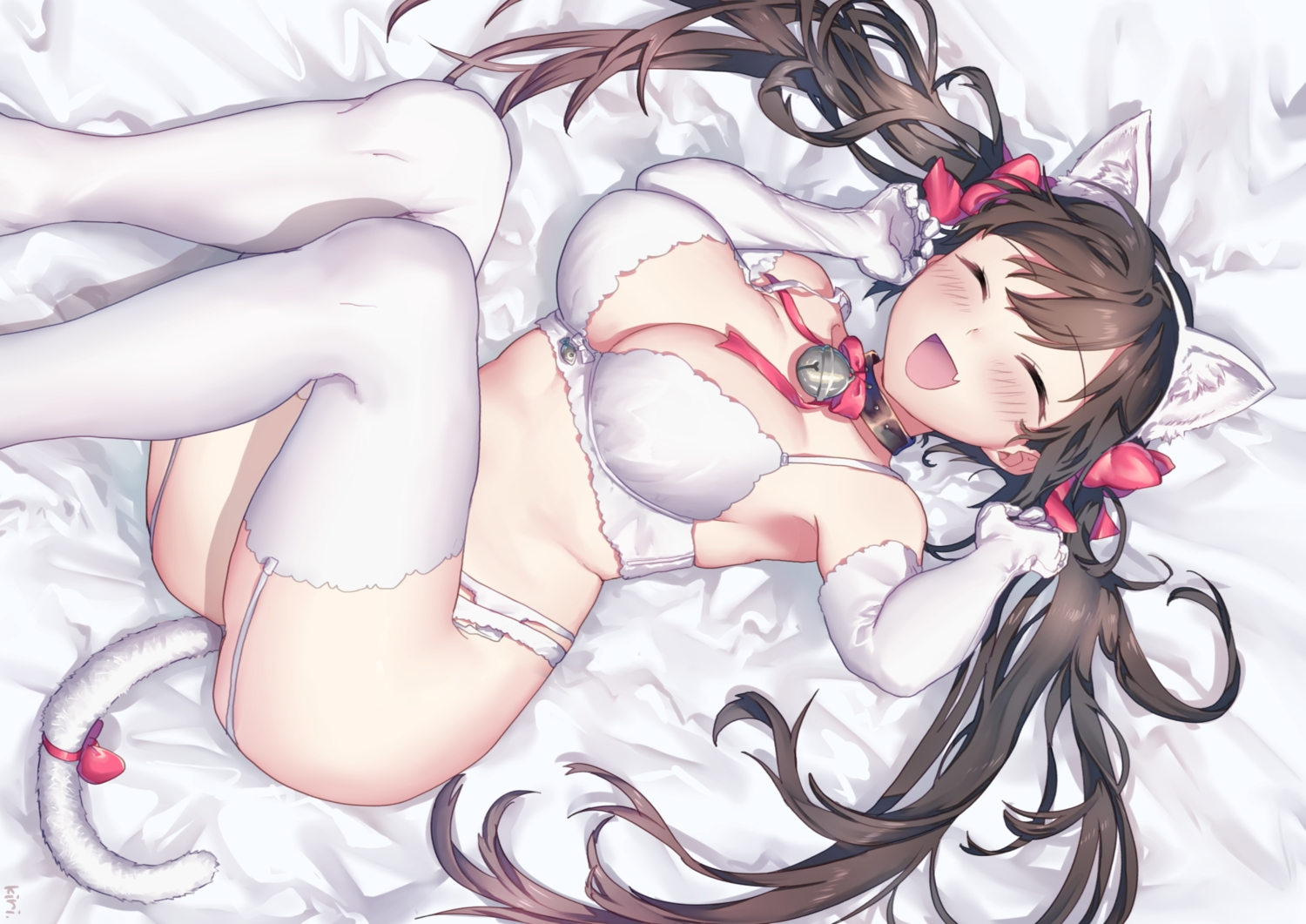 animal_ears, bell, blush, bow, bra, brown_hair, catgirl, elbow_gloves, fang, gloves, headband, kirisaki_(miku-azu-2525), long_hair, original, signed, stockings, tail, thighhighs, twintails, underwear