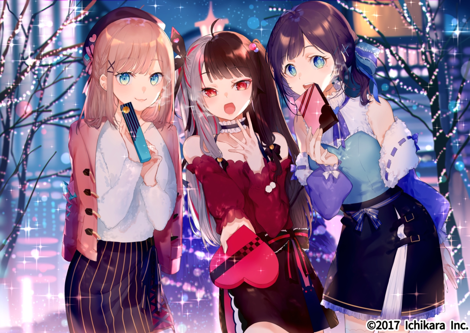 aiba_uiha, aqua_eyes, long_hair, miwano_ragu, nijisanji, red_eyes, skirt, suzuhara_lulu, valentine, watermark, yorumi_rena