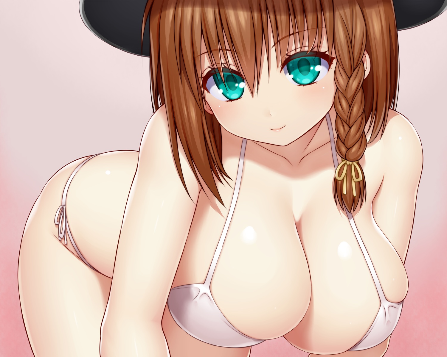 asamura_hiori, bikini, braids, breasts, brown_hair, charlotte_corday_(fate), cleavage, close
