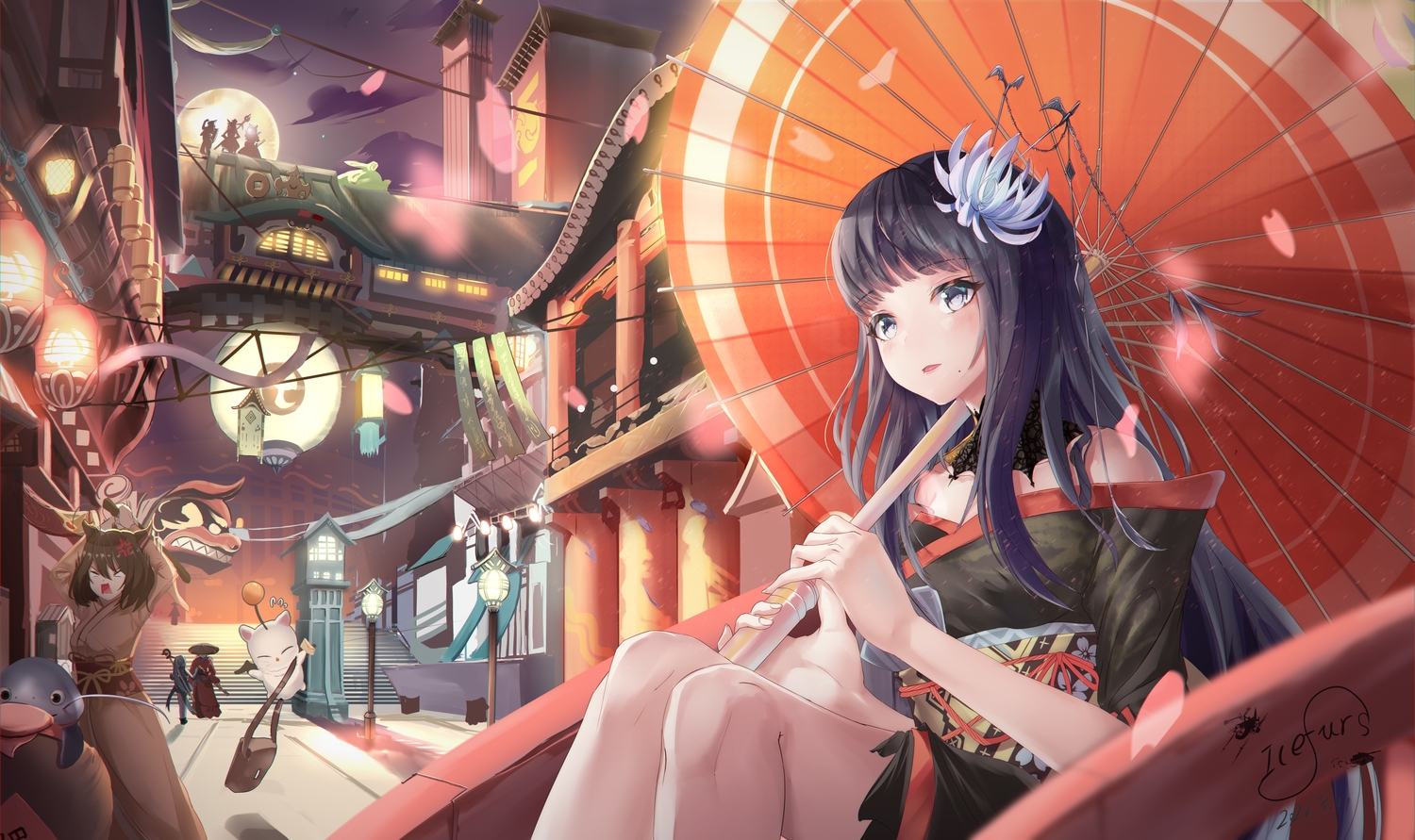 animal_ears, brown_hair, building, cherry_blossoms, clouds, final_fantasy, final_fantasy_xiv, flowers