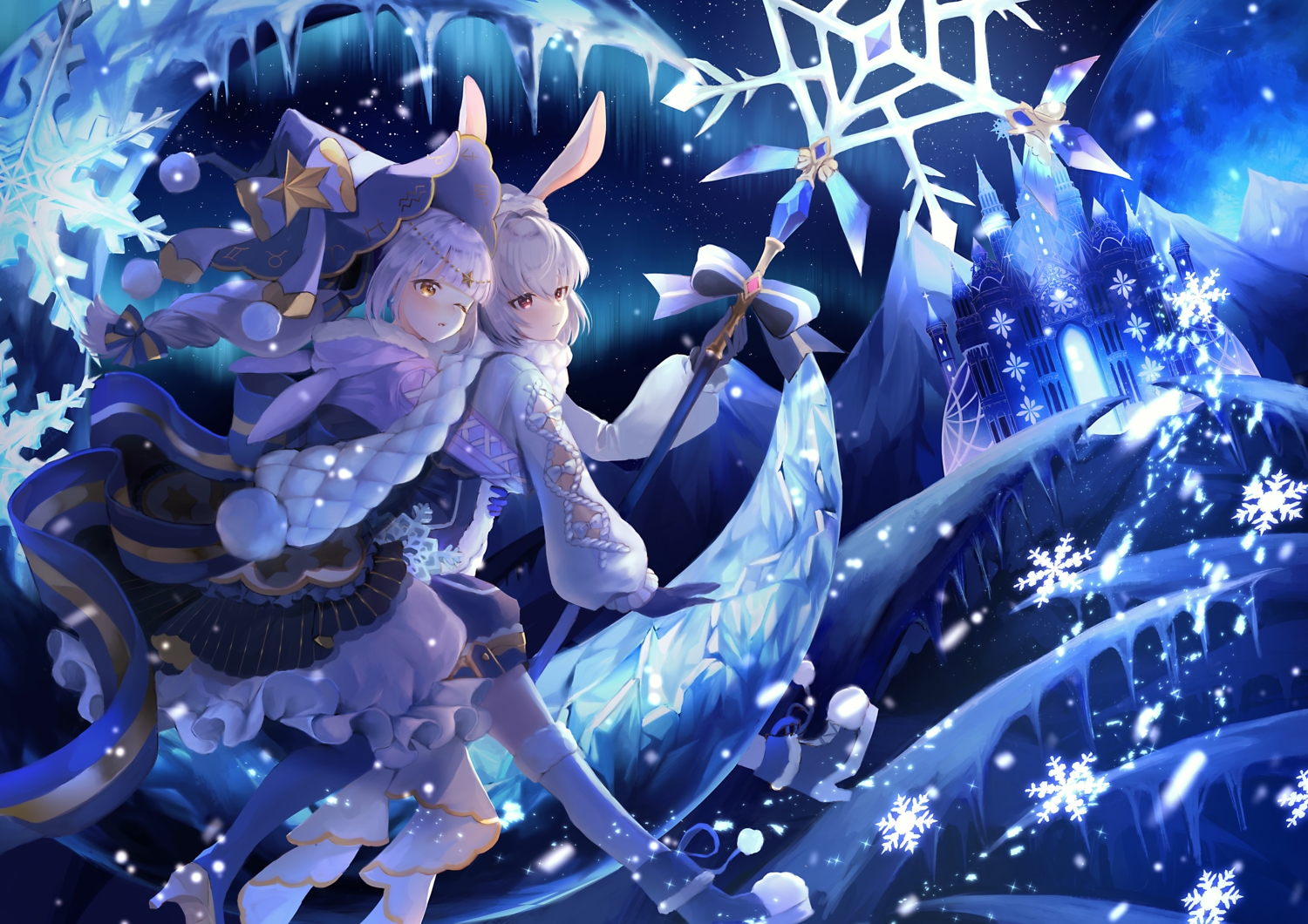 2girls, animal_ears, bow, building, bunny_ears, bunnygirl, gloves, gray_hair