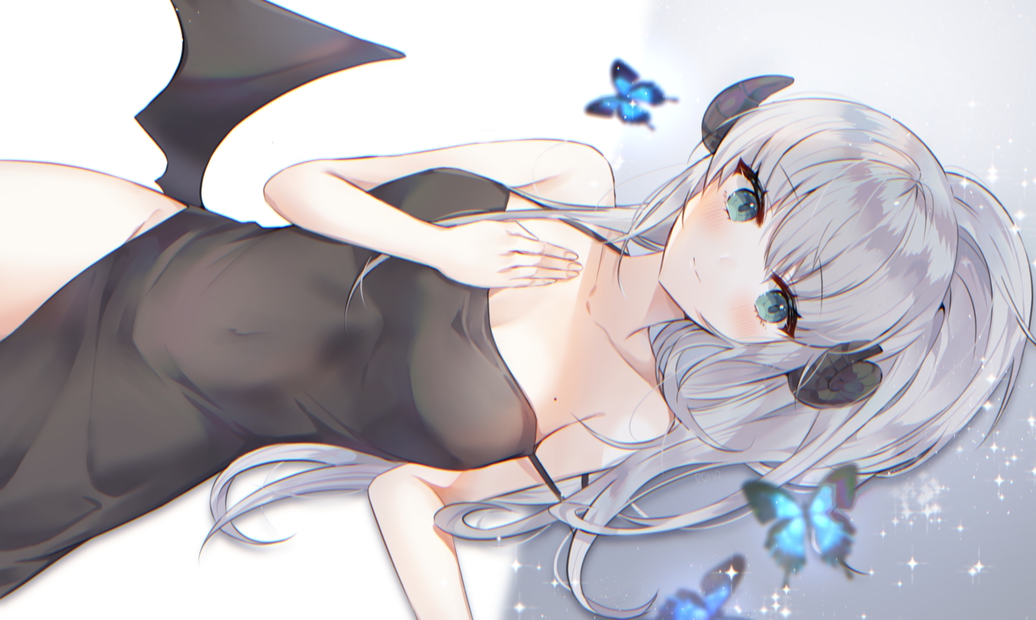 butterfly, dress, dungeon_and_fighter, gray_hair, green_eyes, horns, long_hair, poho