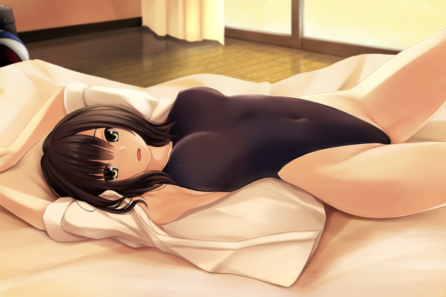 bed, brown_hair, erect_nipples, nonaka_ritsu, open_shirt, original, skintight, swimsuit, yellow_eyes