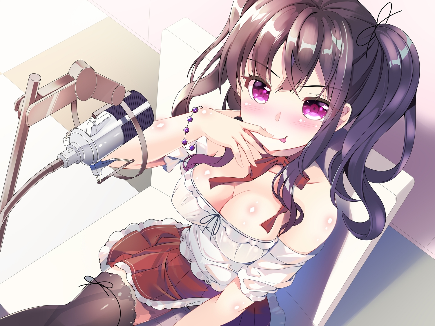 blush, brown_hair, long_hair, microphone, natsumiya_yuzu, original, purple_eyes, skirt