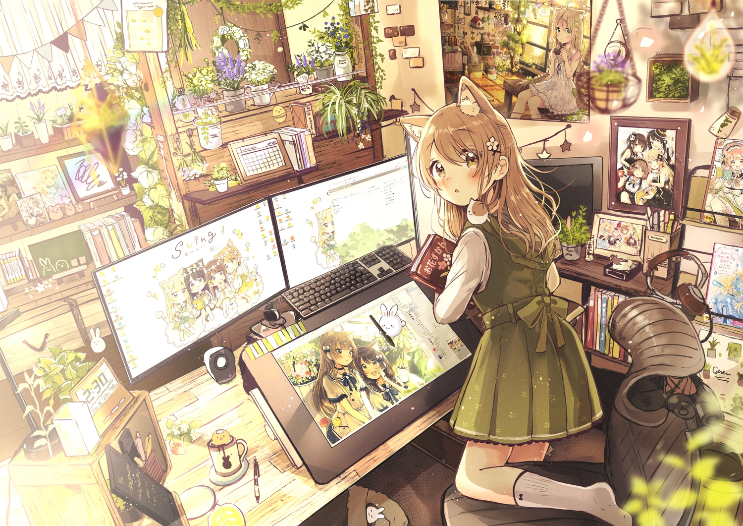 animal_ears, blush, book, brown_eyes, brown_hair, catgirl, computer, dress