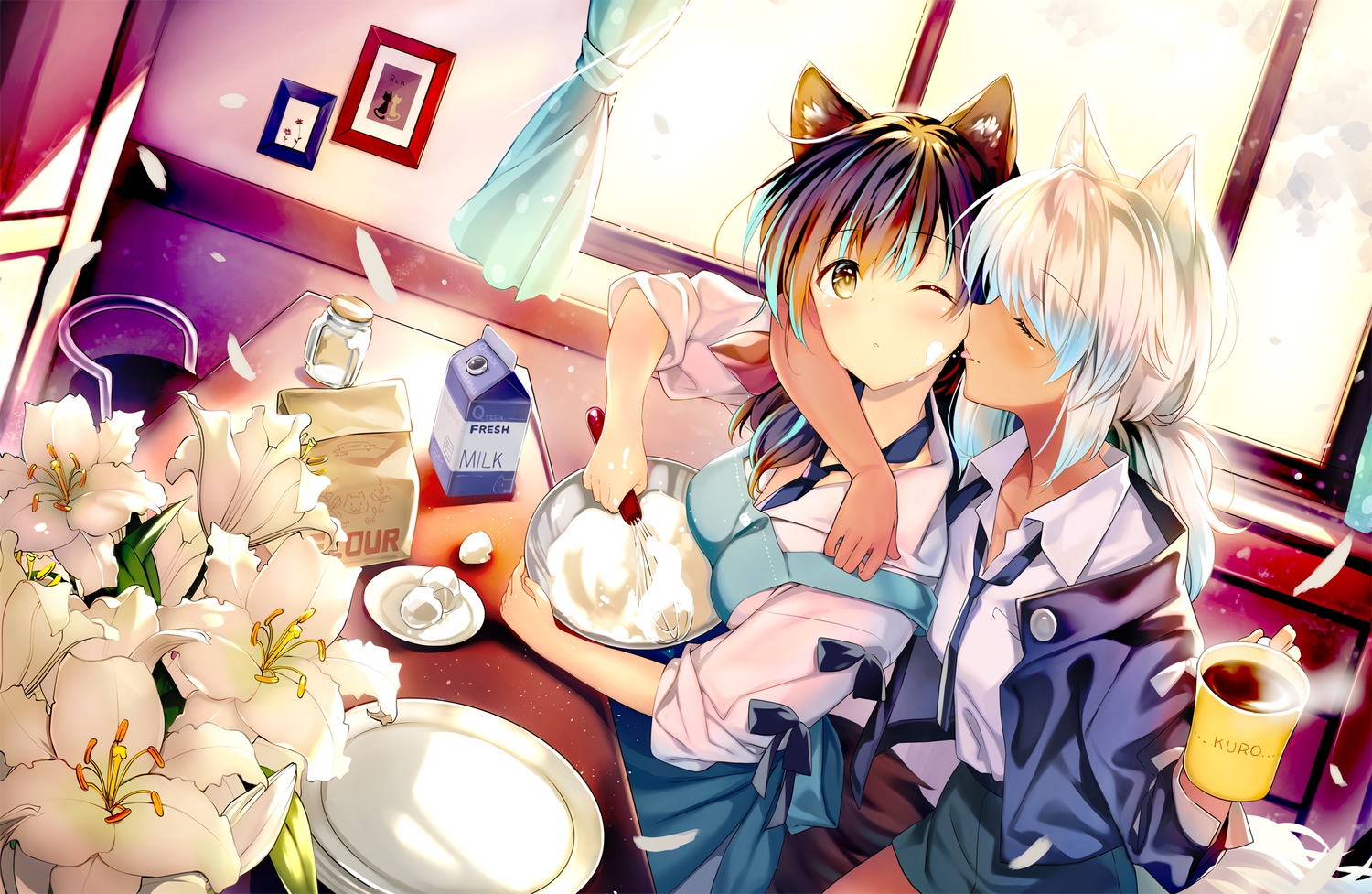 2girls, animal_ears, drink, flowers, rei_(rei's_room), rokuto_kuro, shoujo_ai, tagme_(character)