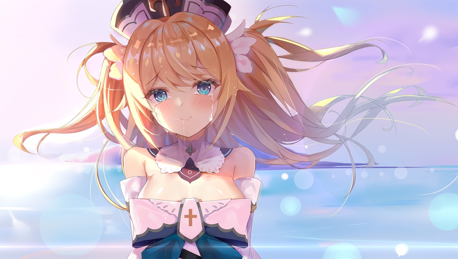 barbara_pegg, blonde_hair, blue_eyes, blush, bow, breasts, collar, dress, genshin_impact, hat, long_hair, zhongwu_chahui