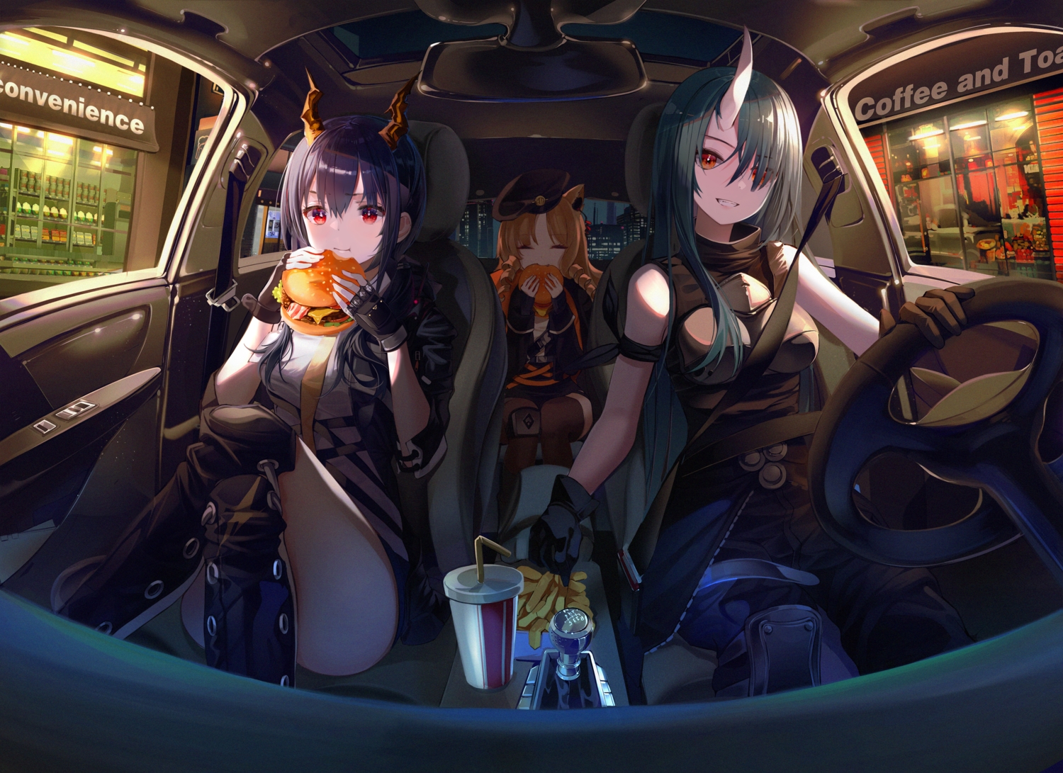 animal_ears, arknights, car, catgirl, ch'en_(arknights), ei_(tndusdldu), food, horns, hoshiguma_(arknights), swire_(arknights)