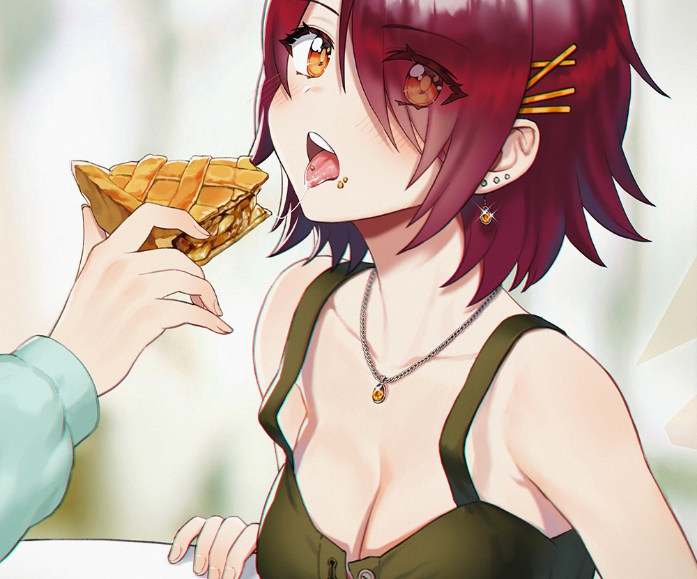 arknights, blush, breasts, cleavage, cropped, exusiai_(arknights), food, necklace, noixen, orange_eyes, red_hair, short_hair