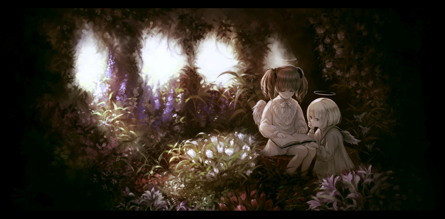 2girls, aki_(xxparadexx), angel, book, brown_hair, dress, flowers, gray_eyes, halo, leaves, loli, original, twintails, white_hair, wings