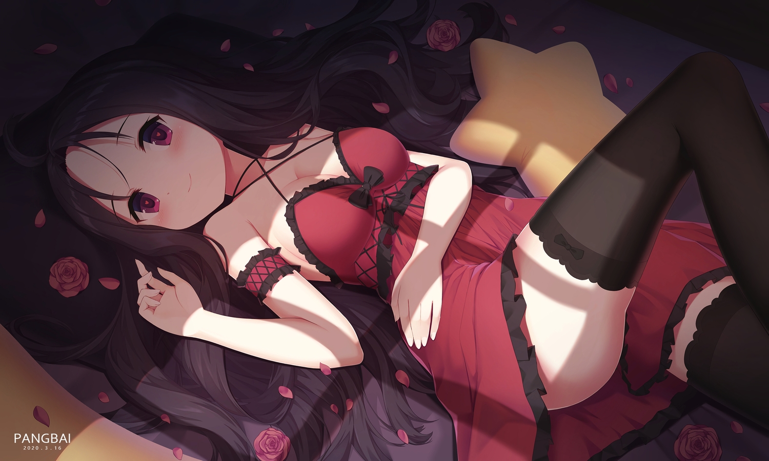 black_hair, breasts, cleavage, dress, flowers, long_hair, original, pangbai_666, pink_eyes, thighhighs, watermark
