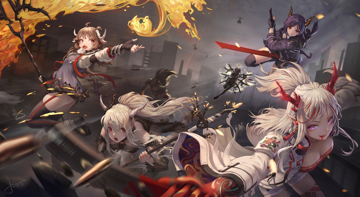 animal_ears, arknights, brown_hair, building, ch'en_(arknights), city, exusiai_(arknights), eyjafjalla_(arknights)