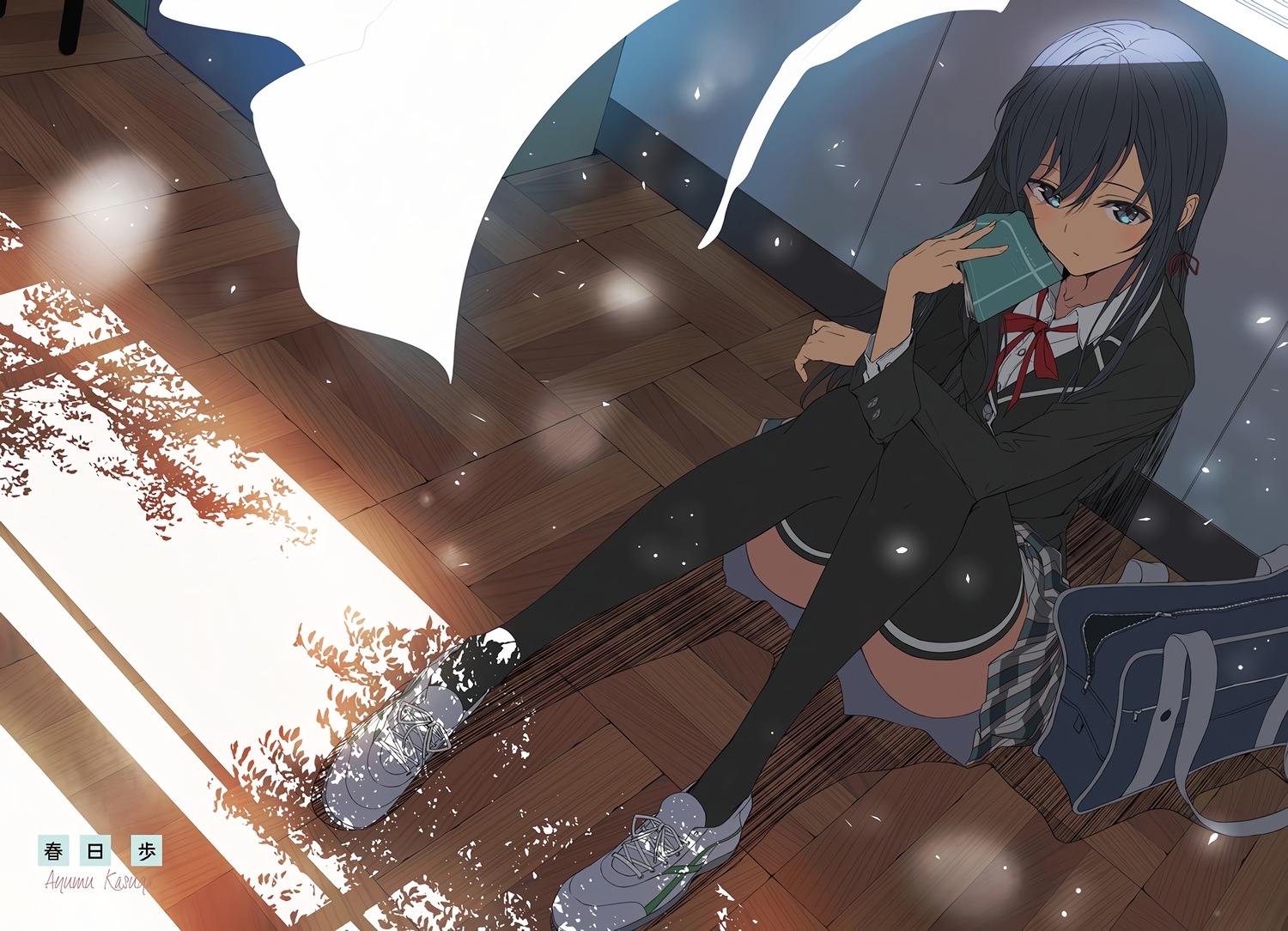 blue_eyes, blue_hair, blush, book, kasuga_ayumu_(artist), long_hair, school_uniform, signed